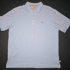 Tommy Bahama Mens Blue and White Striped Polo With Orange Logo Size Large